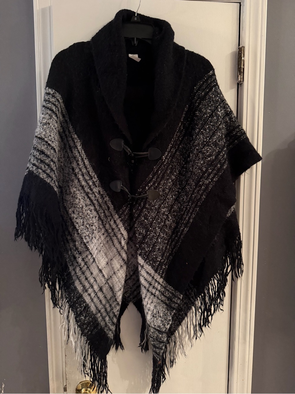 Black & Gray Fringed Shawl Poncho with Toggle Closures